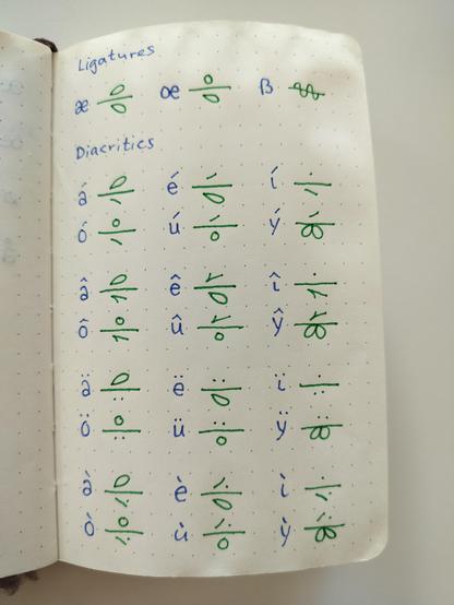 A picture of some proposed ligatures and diacritics for tendrilis. The letters are æ, œ, ß, á, é, í, ó, ú, ý, â, ê, î, ô, û, ŷ, ä, ë, ï, ö, ü, ÿ, à, è, ì, ò, ù, ỳ.