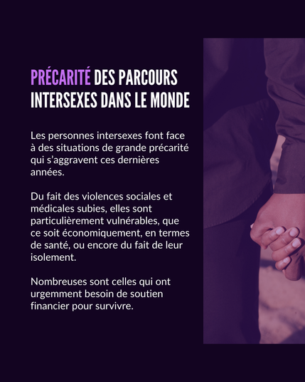 Précarité des parcours intersexes dans le monde.  Les personnes intersexes font face à des situations de grande précarité qui s’aggravent ces dernières années. Du fait des violences sociales et médicales subies, elles sont particulièrement vulnérables, que ce soit économiquement, en termes de santé, ou encore du fait de leur isolement.  Nombreuses sont celles qui ont urgemment besoin de soutien financier pour survivre.