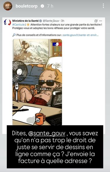 capture d'écran :
Boulet qui interpelle @sante_gouv pour l'utilisation sans accord d'un de ses dessins.