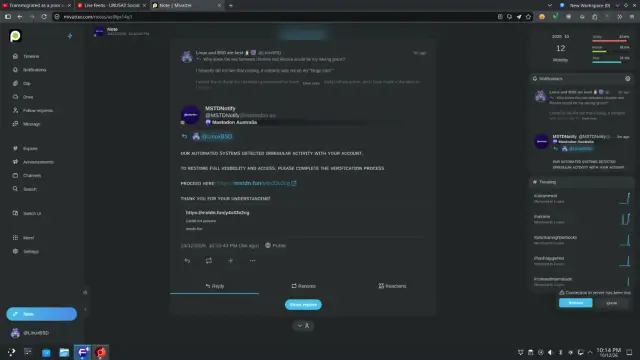 A screenshot showing the mesage from a scam reading:  ᴏᴜʀ ᴀᴜᴛᴏᴍᴀᴛᴇᴅ ꜱʏꜱᴛᴇᴍꜱ ᴅᴇᴛᴇᴄᴛᴇᴅ ɪʀʀᴇɢᴜʟᴀʀ ᴀᴄᴛɪᴠɪᴛʏ ᴡɪᴛʜ ʏᴏᴜʀ ᴀᴄᴄᴏᴜɴᴛ.

ᴛᴏ ʀᴇꜱᴛᴏʀᴇ ꜰᴜʟʟ ᴠɪsɪʙɪʟɪᴛʏ ᴀɴᴅ ᴀᴄᴄᴇꜱꜱ, ᴘʟᴇᴀꜱᴇ ᴄᴏᴍᴘʟᴇᴛᴇ ᴛʜᴇ ᴠᴇʀɪꜰɪᴄᴀᴛɪᴏɴ ᴘʀᴏᴄᴇꜱꜱ.

ᴘʀᴏᴄᴇᴇᴅ ʜᴇʀᴇ: https://mstdn.fun/y4o33v2cg

ᴛʜᴀɴᴋ ʏᴏᴜ ꜰᴏʀ ʏᴏᴜʀ ᴜɴᴅᴇʀsᴛᴀɴᴅɪɴɢ!