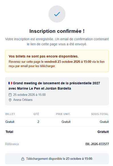 Confirmation d'inscription de 2 places au meeting de lancement de la présidentielle 2027 du R Haine.