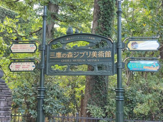 Photo du panneau indiquant en japonais et en alphabet latin Ghibli Museum
