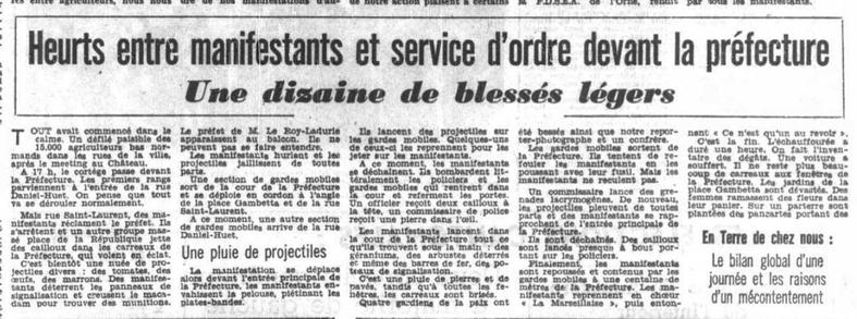 Ouest-France du 3 octobre 1967 : heurts entre manifestants et service d'ordre devant la préfecture, une dizaine de blessés légers