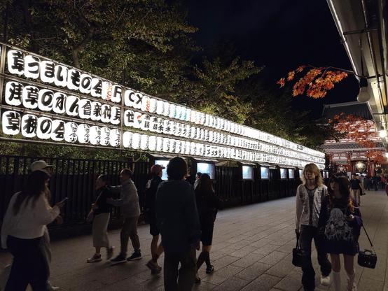 Photo de 3 rangées de lanternes japonaises allumées et sur toute la longueur d'une rue.