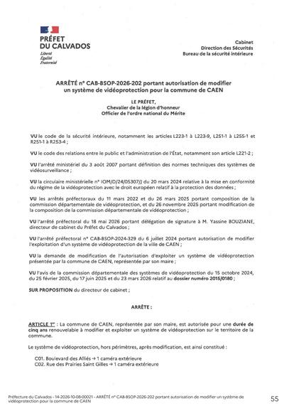 arrêté n°CAB-BSOP-2026-202 portant autorisation de modifier un système de vidéoprotection pour la commune de Caen