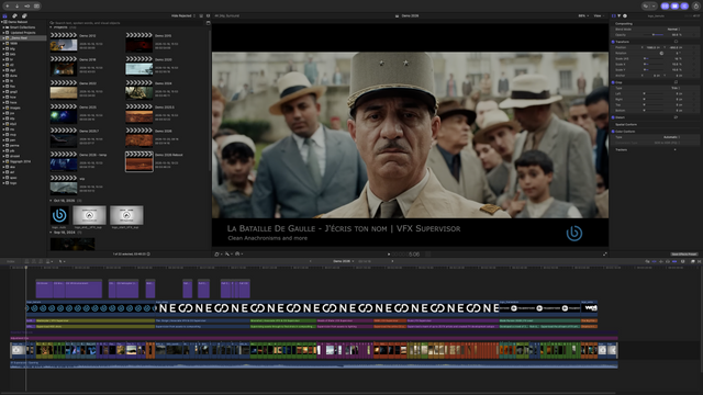 A screenshot of Final Cut Pro with a man in a cap and a crowd in the background. Text reads: "LA BATAILLE DE GAULLE - J’écris ton Nom | VFX SUPERVISOR".