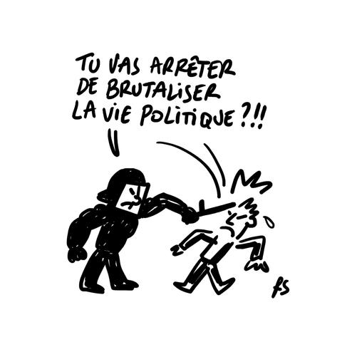 Dessin.
Un policier frappe un homme en lui disant : Tu vas arrêter de brutaliser la vie politique ?!!