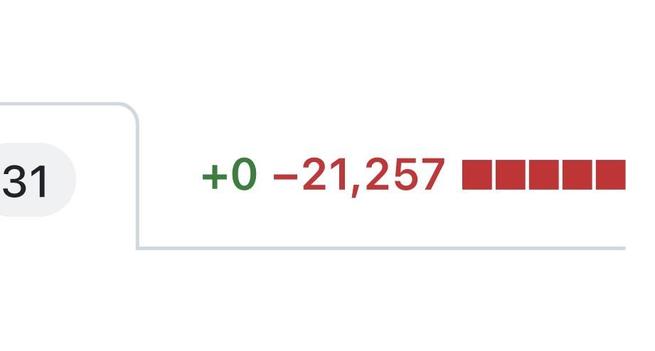 A git diff showing 21257 lines of code removed