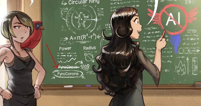 A close up on the panel 1 of episode 74: the poisoned black board with a strike over Pyrocircus and Pyrocorona circled.