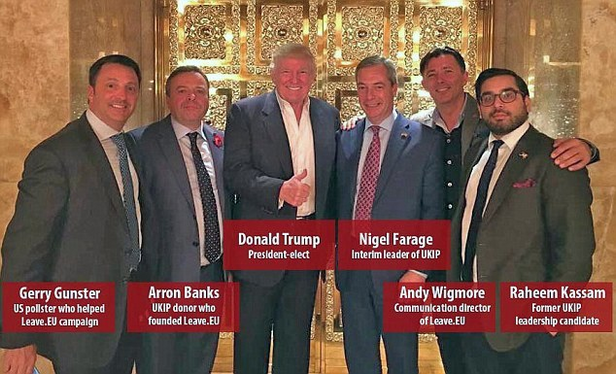 Photo via DailyMail of then-president elect Donald Trump with Ukip's Nigel Farage, Gerry Gunter, Arron Banks, Andy Wigmore, and Raheem Kassam in front of golden elevator in Trump Tower after the November 2016 election. All are smugly smiling.