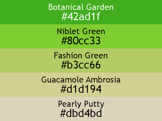a block of five horizontal color swatches in Botanical Garden (#42ad1f), Niblet Green (#80cc33), Fashion Green (#b3cc66), Guacamole Ambrosia (#d1d194), and Pearly Putty (#dbd4bd).