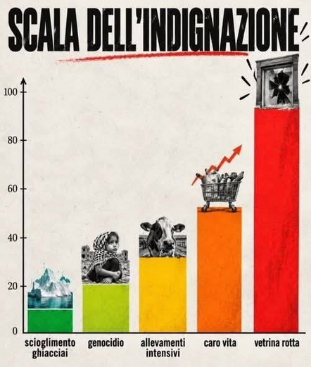 La scala dell'indignazione dei/lle benpensanti: in basso il cambiamento climatico, poi il genocidio, gli allevamenti intensivi, il caro vita, ma sopra a tutto... LA VETRINA ROTTA!