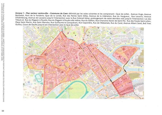 plan du secteur du centre-ville défini par les Fossés Saint-Julien, rue de Geôle, place Saint-Pierre, boulevard des Alliés, place Courtonne, quai Vendeuvre, rue Henri-Brunet, avenue du 6-Juin, rue Saint-Jean, rue Jean-Romain, rue Sadi-Carnot, rue Daniel-Huet, avenue de l’Hippodrome, rue Jean-de-la-Varende, avenue Albert-Sorel, place Louis-Guillouard, place Fontette, rue Berthauld, rue Saint-Manvieu, place Saint-Martin, rue Guillaume-le-Conquérant, rue de l’Abbatiale, rue du Carel, rue Rosa-Parks, avenue Pierre-Mendès-France, place de la Gare, rue de la Gare, avenue Pierre-Berthelot, avenue Victor-Hugo, quai François-Mitterrand, quai de Juillet.