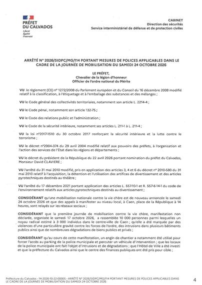 arrêté portant mesure de polices applicables dans le cadre de la journée de mobilisation du samedi 24 octobre 2026