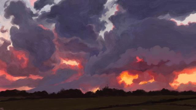 Digital painting of a sunrise sky: purple clouds are haphazardly assembled in a chaotic sky, their edges glowing bright pink closer to the horizon. There is an orange glow there, appearing through small gaps above some empty fields.