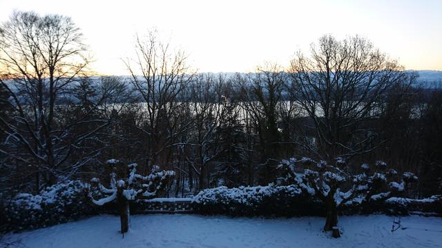 Vue de haut sur un jardin sous la neige. Derrière, la forêt, encore derrière un lac, et à l'arrière plan les Alpes au lever du soleil