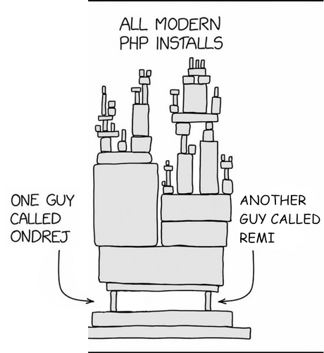 the famous XKCD drawing of a complex structure supported at the very bottom by a precariously placed, thin element, only this time there are two, arrows pointing to them, text on the left says "one guy called Ondrej", the one of the right says "another guy called Remi".