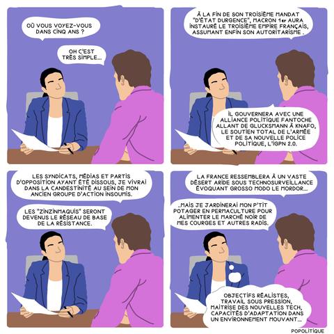 case 1
Entretien Rh
La RH : « ou vous voyez vous dans cinq ans ? »
Le candidat : « oh c’est très simple »

case 2
Entretien Rh
Le candidat : «à la fin de son troisième mandat "d’état d'urgence", macron 1er aura instauré le troisième empire français, assumant enfin son autoritarisme "
le candidat : "il gouvernera avec une 
alliance politique fantoche allant de Glucksmann à knafo, le soutien total de l’armée et de sa nouvelle police politique, l’igpn 2.0. "

case 3
Entretien Rh
Le candidat : «les syndicats, médias et partis d’opposition ayant été dissous, je vivrai dans la clandestinité au sein de mon ancien groupe d’action insoumis."
Le candidat : «les "zinzinmaquis" seront devenus le réseau de base de la résistance."

case 4
Entretien Rh
Le candidat : "la france ressemblera à un vaste désert aride sous technosurveillance évoquant grosso modo le mordor..."
Le candidat : "..mais je jardinerai mon p’tit potager en permaculture pour alimenter le marché noir de mes courges et autres radis."
La RH pense : « objectifs réalistes, travail sous pression, maîtrise des nouvelles tech, capacités d’adaptation dans un environnement mouvant… »