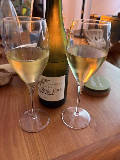Deux verres de vin blanc et une bouteille.