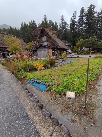 Vue d'une maison à toit de chaume et son petit jardin juste devant.
