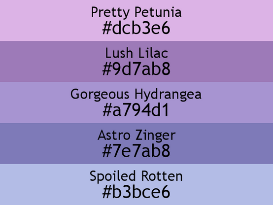 a block of five horizontal color swatches in Pretty Petunia (#dcb3e6), Lush Lilac (#9d7ab8), Gorgeous Hydrangea (#a794d1), Astro Zinger (#7e7ab8), and Spoiled Rotten (#b3bce6).
