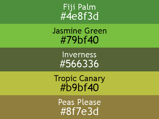 a block of five horizontal color swatches in Fiji Palm (#4e8f3d), Jasmine Green (#79bf40), Inverness (#566336), Tropic Canary (#b9bf40), and Peas Please (#8f7e3d).