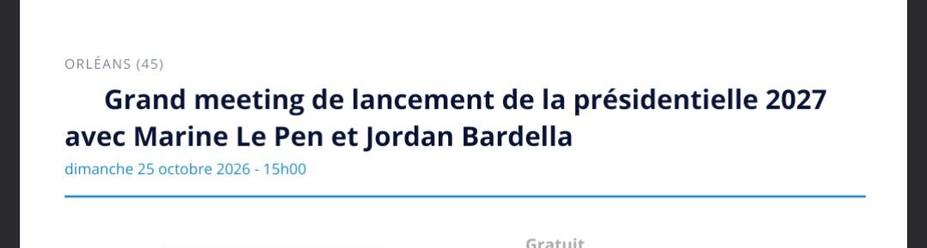 Capture d'écran du haut de la réservation pour le meeting du lancement de la présidentielle du FN