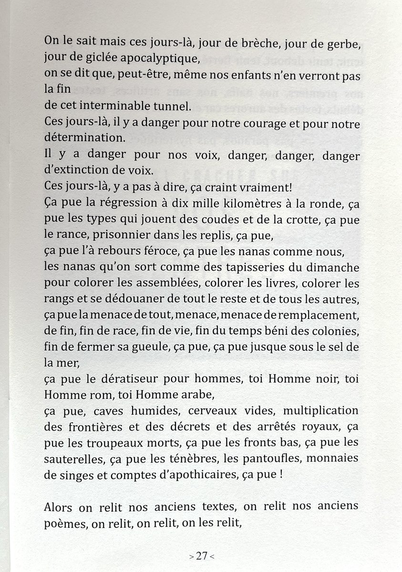 On le sait mais ces jours-là, jour de brèche, jour de gerbe, jour de giclée apocalyptique,
on se dit que, peut-être, même nos enfants n'en verront pas la fin
de cet interminable tunnel.
Ces jours-là, il y a danger pour notre courage et pour notre détermination.
Il y a danger pour nos voix, danger, danger, danger d'extinction de voix.
Ces jours-là, y a pas à dire, ça craint vraiment!
Ça pue la régression à dix mille kilomètres à la ronde, ça pue les types qui jouent des coudes et de la crotte, ça pue le rance, prisonnier dans les replis, ça pue,
ça pue l'à rebours féroce, ça pue les nanas comme nous, les nanas qu'on sort comme des tapisseries du dimanche pour colorer les assemblées, colorer les livres, colorer les rangs et se dédouaner de tout le reste et de tous les autres, ça pue la menace de tout, menace, menace de remplacement, de fin, fin de race, fin de vie, fin du temps béni des colonies, fin de fermer sa gueule, ça pue, ça pue jusque sous le sel de la mer,
