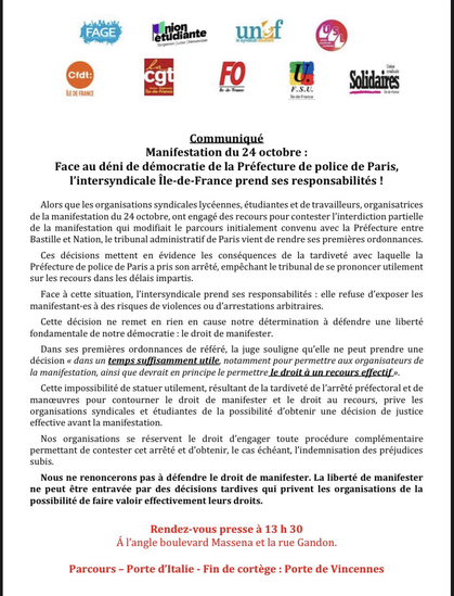Manifestation du 24 octobre : face au déni de démocratie de la Préfecture de police de Paris, l’intersyndicale Île-de-France prend ses responsabilités !