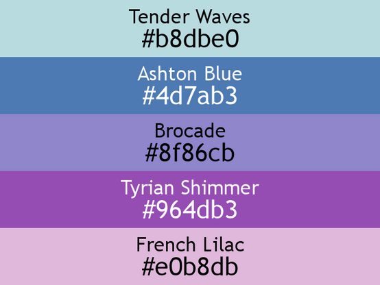 a block of five horizontal color swatches in Tender Waves (#b8dbe0), Ashton Blue (#4d7ab3), Brocade (#8f86cb), Tyrian Shimmer (#964db3), and French Lilac (#e0b8db).