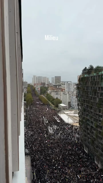La manifestation du 24 octobre 2026 à Paris vue depuis un balcon d'une tour adjacente. Le cortège est immense.