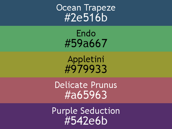 a block of five horizontal color swatches in Ocean Trapeze (#2e516b), Endo (#59a667), Appletini (#979933), Delicate Prunus (#a65963), and Purple Seduction (#542e6b).