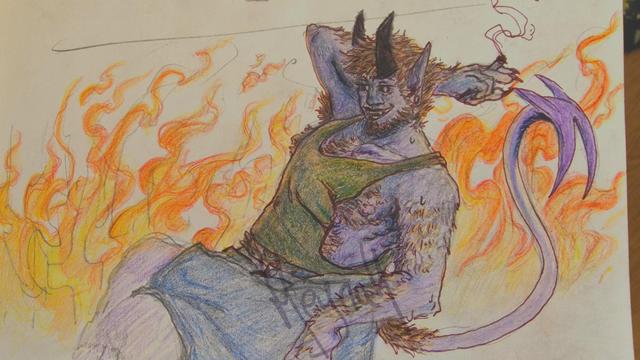 My purple demon butch enjoying a smoke in a fire