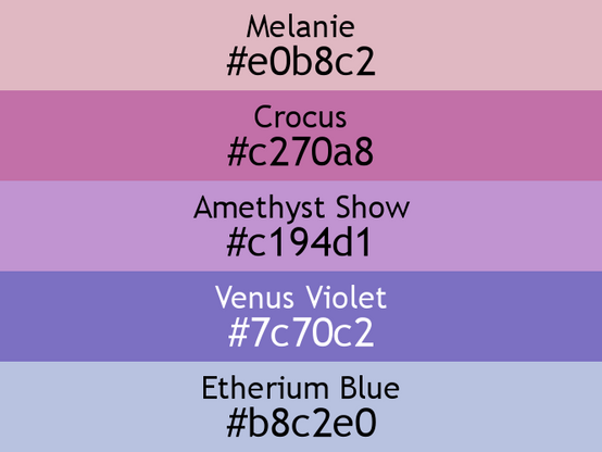 a block of five horizontal color swatches in Melanie (#e0b8c2), Crocus (#c270a8), Amethyst Show (#c194d1), Venus Violet (#7c70c2), and Etherium Blue (#b8c2e0).