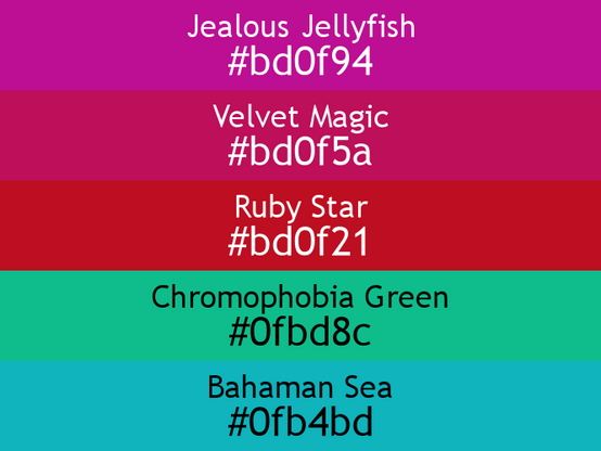 a block of five horizontal color swatches in Jealous Jellyfish (#bd0f94), Velvet Magic (#bd0f5a), Ruby Star (#bd0f21), Chromophobia Green (#0fbd8c), and Bahaman Sea (#0fb4bd).