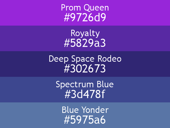 a block of five horizontal color swatches in Prom Queen (#9726d9), Royalty (#5829a3), Deep Space Rodeo (#302673), Spectrum Blue (#3d478f), and Blue Yonder (#5975a6).