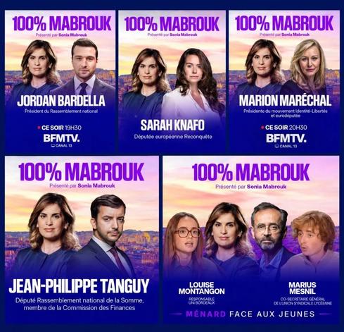 Collage de 5 visuels de l'émission 100% Mabrouk sur BFMTV. Sonia Mabrouk y pose sérieusement aux côtés de figures politiques d'extrême droite : Jordan Bardella, Sarah Knafo, Marion Maréchal, Jean-Philippe Tanguy, ainsi que Robert Ménard face à deux représentants jeunes.