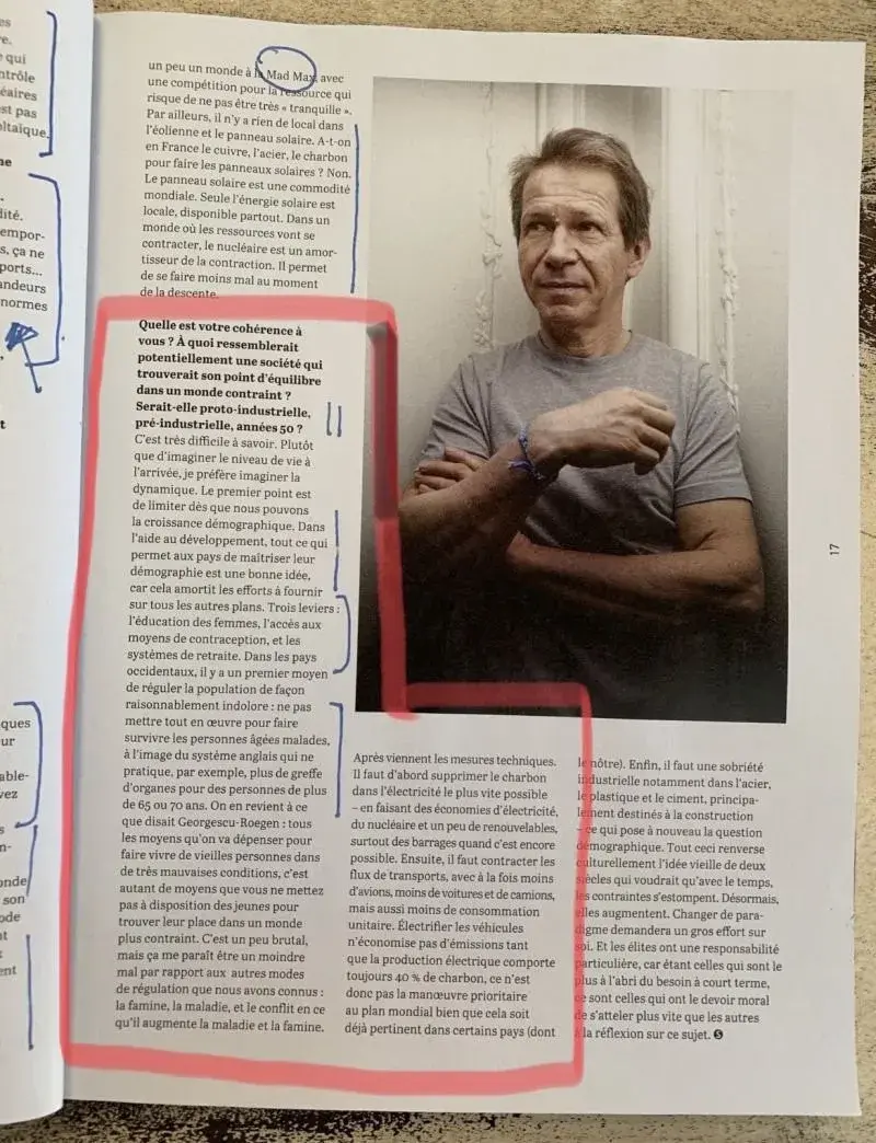 Article dans lequel Jancovici dit que pour lutter contre la surpopulation, il faut éduquer les femmes, et arrêter de soigner les personnes âgées et les malades, par exemple arrêter de transplanter à partir de 65 ans